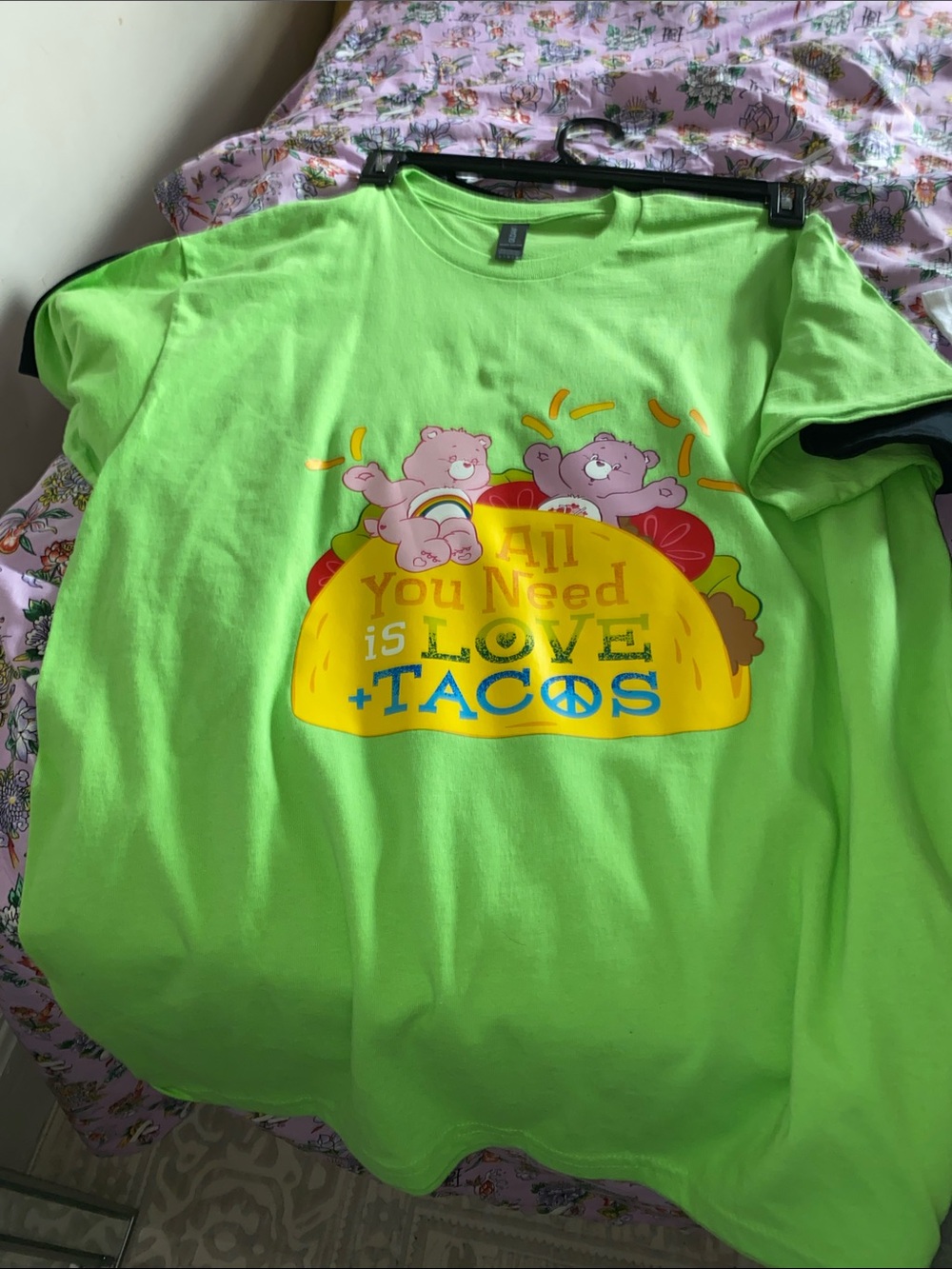 Neon Green Graphic Short Sleeve Tee - All You Need Is Love + Tacos